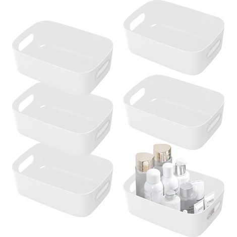 Lot de 6 Boîtes de Rangement en Plastique Blanc, Boite Rangement avec Poignées, Paniers et Boîtes de Rangement Salle de Bain, bac de Rangement pour Cuisine, Maquillage, Bureau, Jouets (1/4)