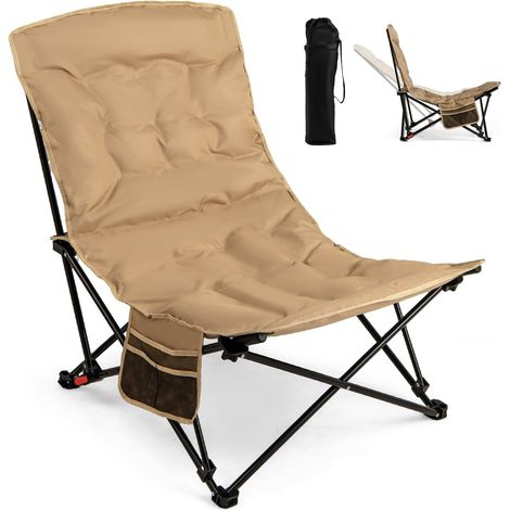GOPLUS Chaise de Camping Pliante Portable, Chaise de Plage avec Coussin 4 Positions Reglable,Ultra Leger Charge 225 kg, Poche Latérale et Sac de Transport, pour Peche,Jardin