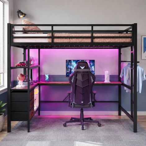 MEUBLIV Letto a soppalco 140x200 cm nero – scrivania, LED e contenitori, senza materasso (1/5)