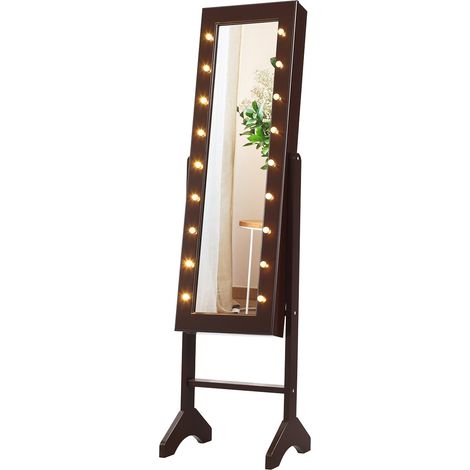 Mobile portagioielli indipendente 35 x 31,5 x 145 cm con specchio e 18 LED design moderno in MDF marrone 200010378