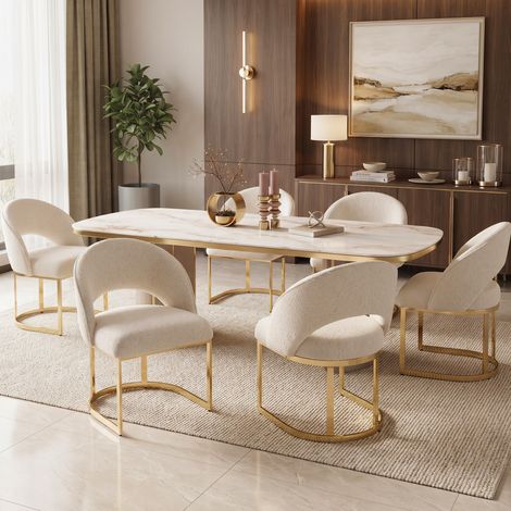 Set di 6 sedie da pranzo in bouclé, forma curva, gambe in metallo galvanizzato, beige e oro (1/5)