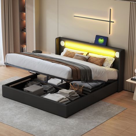 Letto 160x200 cm - Letto a cassettone matrimoniale 160x200 cm con rete - Luci LED, altoparlante Bluetooth e caricatore USB - Pelle PU nera (1/5)