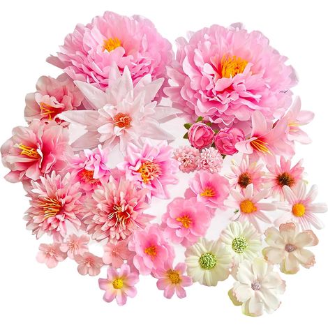 Paquet de 32 têtes de fleurs artificielles, fleurs artificielles roses, mélangées  Avec différentes formes de fleurs, apparence naturelle, réutilisables, sans tiges pour un design créatif flexible (1/5)