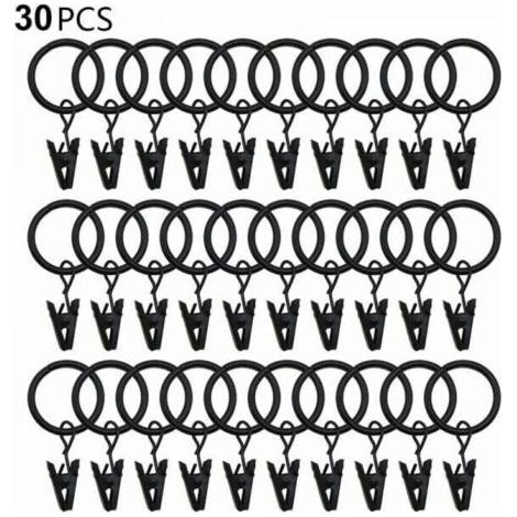 30 PCS Curtain Rings with Clips, Strong Drapery Clips, Hooks on Tension Rod Holder, Inner Diameter Metal Grommets Decorative Curtains Window Hangers, Black (1/5)