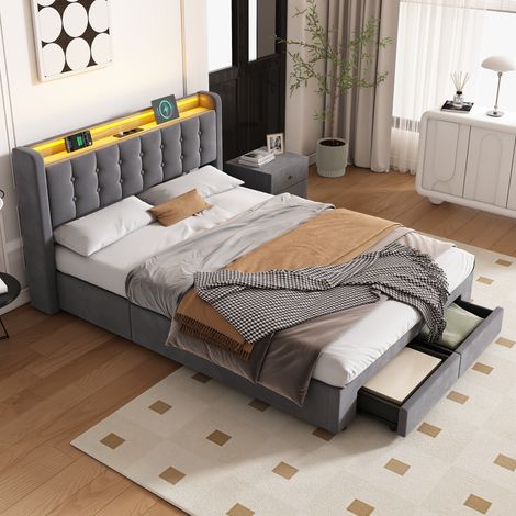 Cama 140x200 cm Tapizada con LED, 2 Grandes Cajones, Puertos USB, Mecanismo Hidráulico, Terciopelo Duradero - Diseño Moderno y Funcional (1/5)