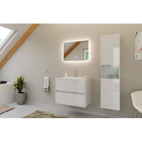 Badmöbel Set Taifun 3tlg. 70cm mit LED Spiegel und Hochschrank weiß Hgl