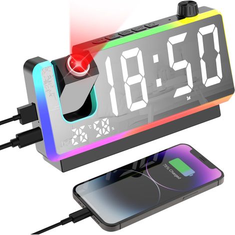 Proiettore da soffitto, sveglia con ampio schermo LED da 7 pollici, luce notturna RGB a 8 modalità, proiettore a 180°, doppia sveglia, funzione snooze, doppie porte USB, visualizzazione di temperatura