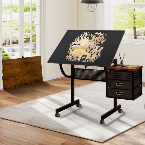 Mesa para puzles inclinable en MDF y metal negro con 4 bandejas y 2 cajones (1/5)