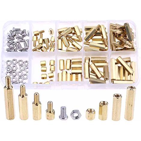 Kit surtido de 120 tornillos, tuercas y espaciadores hexagonales de latón, formato macho/hembra M3, para la reparación y reacondicionamiento de placas de circuitos impresos. (1/2)