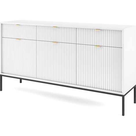 Sideboard 150 cm Galla - Dreitürige Kommode mit Schubladen - Beinen, geriffelten Fronten & goldene Griffe (Weiß + Schwarz) (1/5)