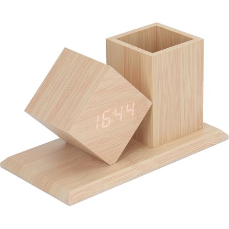 Stifthalter-Uhr mit Sprachsteuerung, HD-LED-Display, USB-Batteriebetriebener digitaler Wecker aus Holz mit Thermometer (1/5)