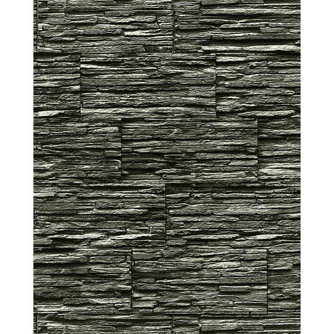 Carta da parati spazzolabile effetto muro di pietra naturale EDEM 1003-34 in rilievo ardesia lavagna nero grigio