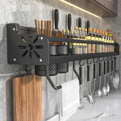Küchenutensilienhalter zur Wandmontage, Gewürzregal mit Haken, wandhängendes Spachtel- und Löffelregal, 50 cm Gewürzglas-Organizer, Messerhalter und Werkzeugaufbewahrung