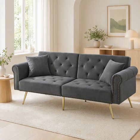Canapé convertible 2 places velours gris OKMYHOME (1/5)
