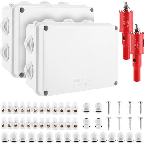 2 Pièces Boite de Derivation avec 20 x Branchement de Câble M20, 2 x Bande de Serrage, 2 x Scie Perforée 20mm, 8 Vis, 15x11x7cm Boite de Derivation Etanche Exterieur en Plastique ABS (Blanc) (1/5)