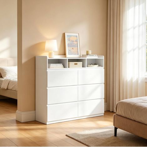 Commode 120x40x100 cm, 6 tiroirs, 3 niches, blanche HAVRYA (1/5)