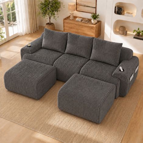 Canapé modulable velours côtelé 3 places avec 2 poufs, combinable, porte-gobelets et poche latérale, salon, salle familiale, gris foncé (1/5)