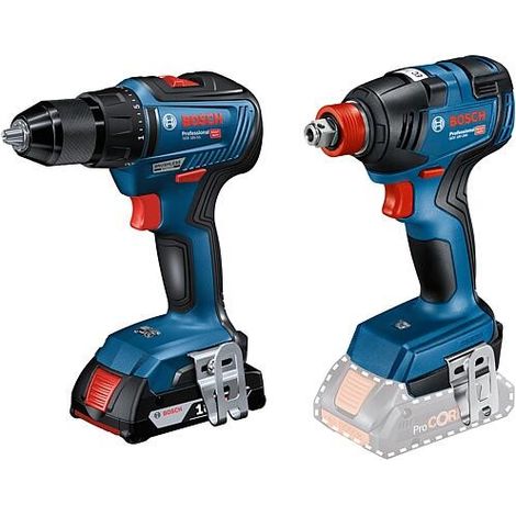 Kit Bosch composé d’une Perceuse-visseuse et d’une Visseuse à chocs sans fil 18 V avec 2 batteries ProCORE 4,0 Ah et Chargeur (1/5)