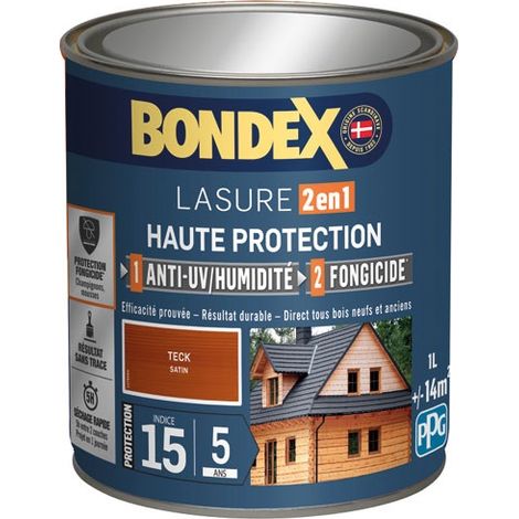 Bondex – Lasure extérieure 2 en 1 haute protection 1L – Anti-UV et fongicide – Aspect satin pour bois dur et teck – Application facile sans trace