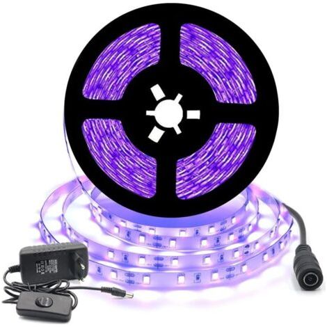 12V Black UV LED Strip Kit 5m 300LEDs IP20 300LEDs SMD2835 Purple Strip with Transformer/Power Supply for Indoor Decoration Festival Christmas (1/4)
