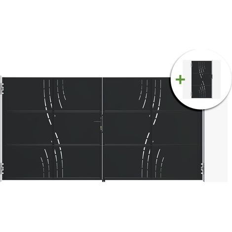 Portail battant acier 3,5m NALI VELETA H.180cm noir + Portillon H.180cm noir