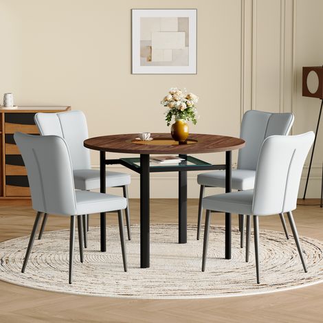 Rundes Esstischset (100 cm), mit 4 hellgrauen PU Stühlen, braune Sicherheitsglasplatte, MDF und Metall (1/5)