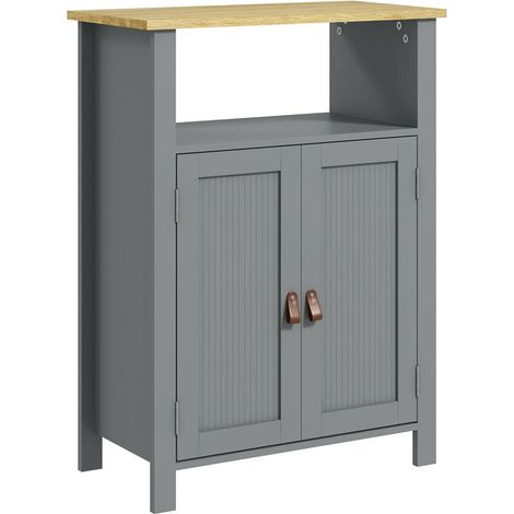 Meuble bas de salle de bain multi-rangements grande niche placard double porte gris et naturel (1/5)