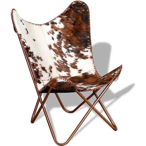 Chaise papillon en cuir véritable, design rétro scandinave, assise confortable avec dossier ergonomique – Blanc et Brun (1/5)