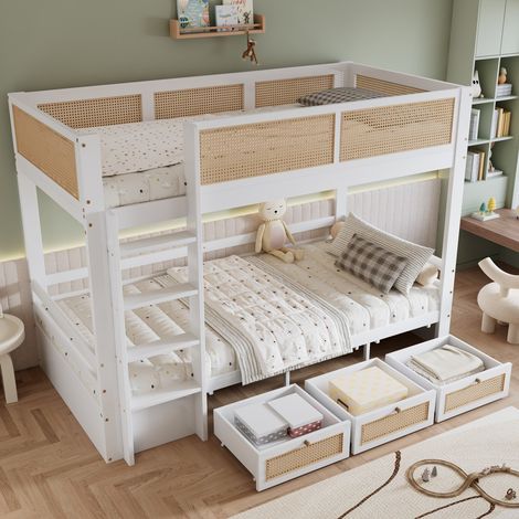 Lit superposé style naturel. Clôture rotin, 3 tiroirs, barrières sécurité. Sommier lattes. 90x200 pin/MDF blanc + naturel(sans Matelas) (1/5)