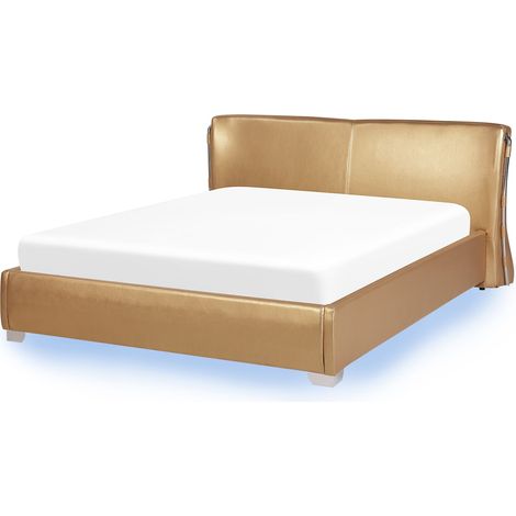 Cama de agua tapizada en piel dorada con somier y accesorios luces LED 140 x 200 cm diseño moderno Paris (1/5)