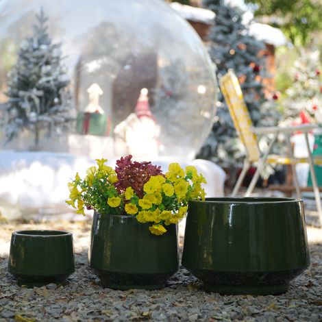 Lot de 3 jardinières en céramique peinte à la main (Ø 38,1/28/22,9 cm), finition émail vert foncé, parfait pour monstera et fiddle leaf, usage intérieur/extérieur, terre cuite perméable.