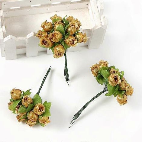 Lot de 12 mini roses artificielles en soie, idéales pour la décoration intérieure, les mariages, les couronnes et les cadeaux.12 pièces en or (1/5)