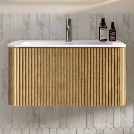 Meuble vasque mural 81x46,5x37 cm en MDF chêne, gain de place pour salle de bain FloraGrace (1/5)