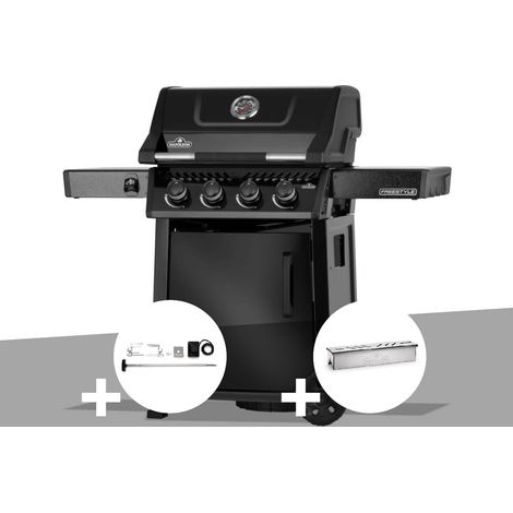Barbecue gaz Freestyle 425 noir 4 brûleurs avec porte et brûleurs inox + Rôtissoire + Boitier pour fumage - Napoléon