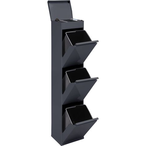 ARREGUI Top Cubo de basura y reciclaje de acero de 3 cubos con bandeja superior multiusos, mueble de reciclaje, 3 x 17 L (51 L) Antracita CR324-B