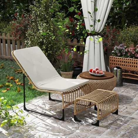 Rattan Relaxsessel mit Fußhocker UV-beständig Gartensessel mit Kissen Bänder 65 x 93 x 80 cm Naturholz
