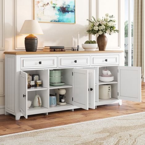 DESMIU Buffet et enfilade avec 3 tiroirs et 4 portes, étagères réglables, pour salon, chambre et entrée, blanc 160 × 35 × 76 cm (1/5)