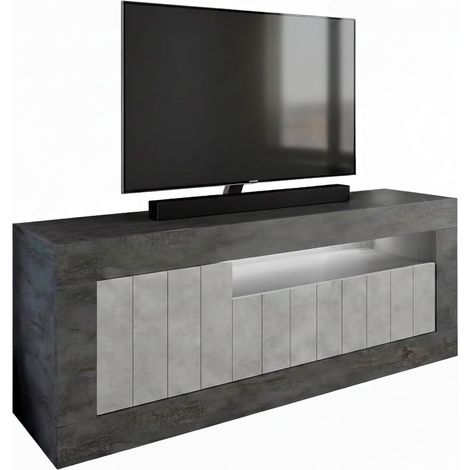 Mobile TV Basso In Melaminico Con Anta Laterale E A Ribalta Vano A Giorno Ripiani Mensole Interne Design Moderno Senza Maniglie Soggiorno Living Salotto 136.9 x 41.8 x 56 Cm Ossido e Grigio Cemento - (1/5)