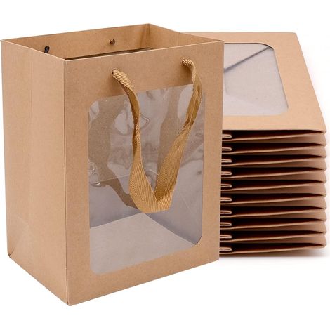 10 pezzi di sacchetti di carta kraft, scatole regalo di carta kraft, sacchetti regalo con manici, sacchetti regalo con finestra per compleanni, matrimoni, feste e celebrazioni. (1/5)
