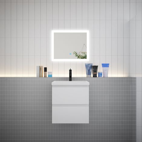 AICA Ensemble meuble vasque L.50cm blanc 2 tiroirs + led miroir + lavabo (1/5)