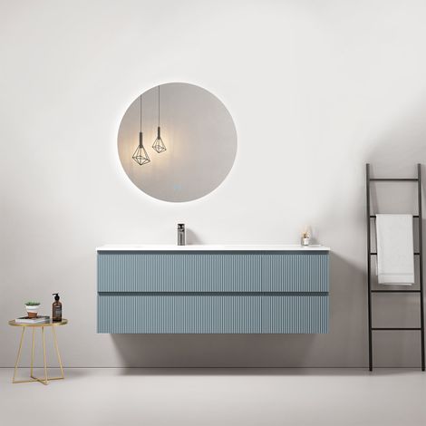 Mobile bagno sospeso cannettato 140 cm Blu Avio Lavabo a Sinistra in Resina Specchio Tondo Retroilluminato - Fiji Paint (1/4)