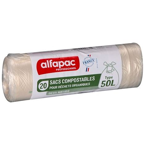 Sac poubelle compostable 50 L – Lot de 20 sacs transparents – Résistance 8 kg – Temps de compostage 12 mois – Fabrication française