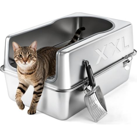 Bac à litière en Acier Inoxydable pour Chat, Caisse Litiere XXL 60x40x30cm (LxlxH) - Extra Large Cat Litter Box - Semi-fermée - avec Couvercle Haut - Pelle - Non adhésive - Nettoyage Facile (1/5)