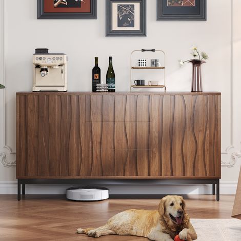 Buffet 150 cm en chêne à veinage foncé, 3 tiroirs, grand buffet, meuble de cuisine, découpe monobloc, meuble décoratif Mid-Century Modern pour cuisine, salon, entrée, couloir (1/5)