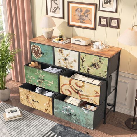 Commode 7 Tiroirs 100x30x78 cm, Meuble de Rangement en Tissu Cadre Métallique, Pieds Réglables Montage Facile, Buffet de Rangement Moderne pour Chambre Salle de Maison (1/5)