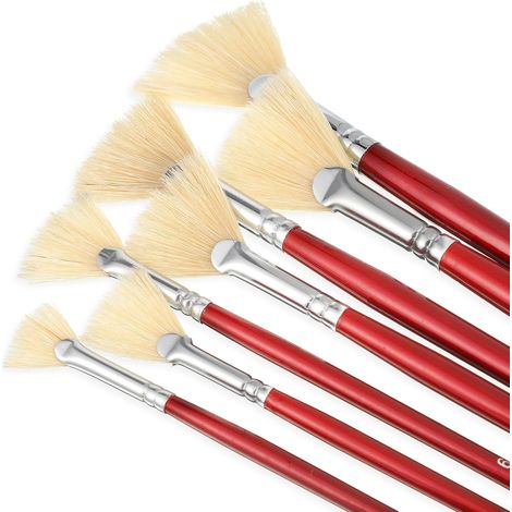 Lot de 7 pinceaux éventails - Avec poils de porc et longs - Anti-chute de poils - Pour acrylique, peinture à l'huile, gouache, aquarelle et peinture à la tempéra (1/5)