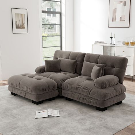 Cloud Ecksofa für Wohnzimmer, Chenille Doppelsofa mit 2 Lendenkissen und 2 Dekokissen, Polstersofa mit breiten Armlehnen und Ottoman, Chenille Braun
WL