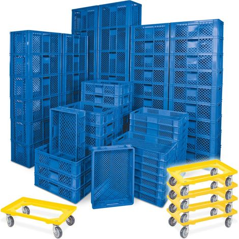 BRB 78 Stück Stapelkörbe/Bäckerkästen in 5 Größen, Grundmaß LxB 600x400 mm, H 90 mm, 150 mm, 240 mm, 320 mm, 410 mm, + 5x Transportroller gelb (blau)