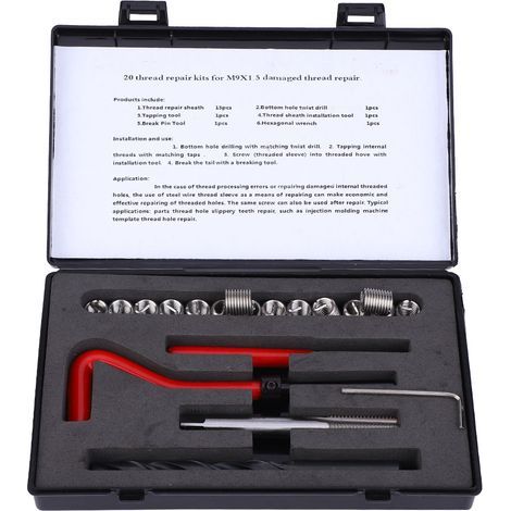 Kit de Réparation de Filetage 20 Pièces M9x1.5 Acier Inoxydable, Ensemble Tarauds pour Réparer Filetages Femelles (1/5)