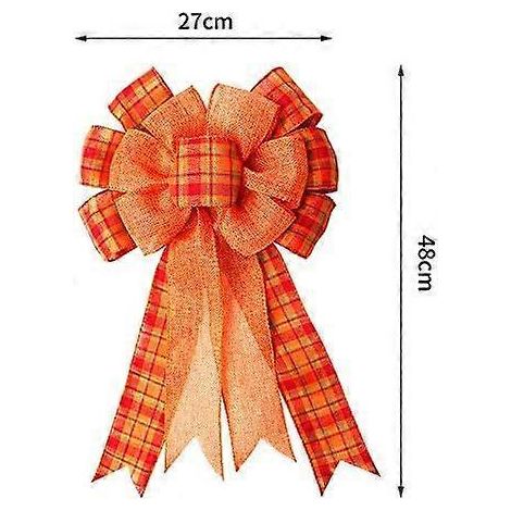 Couronne d'automne extra large avec nœud cadeau - 48 x 27 cm, motif à carreaux orange et buffalo, nœud décoratif pré-noué pour l'automne et Thanksgiving. (1/4)
